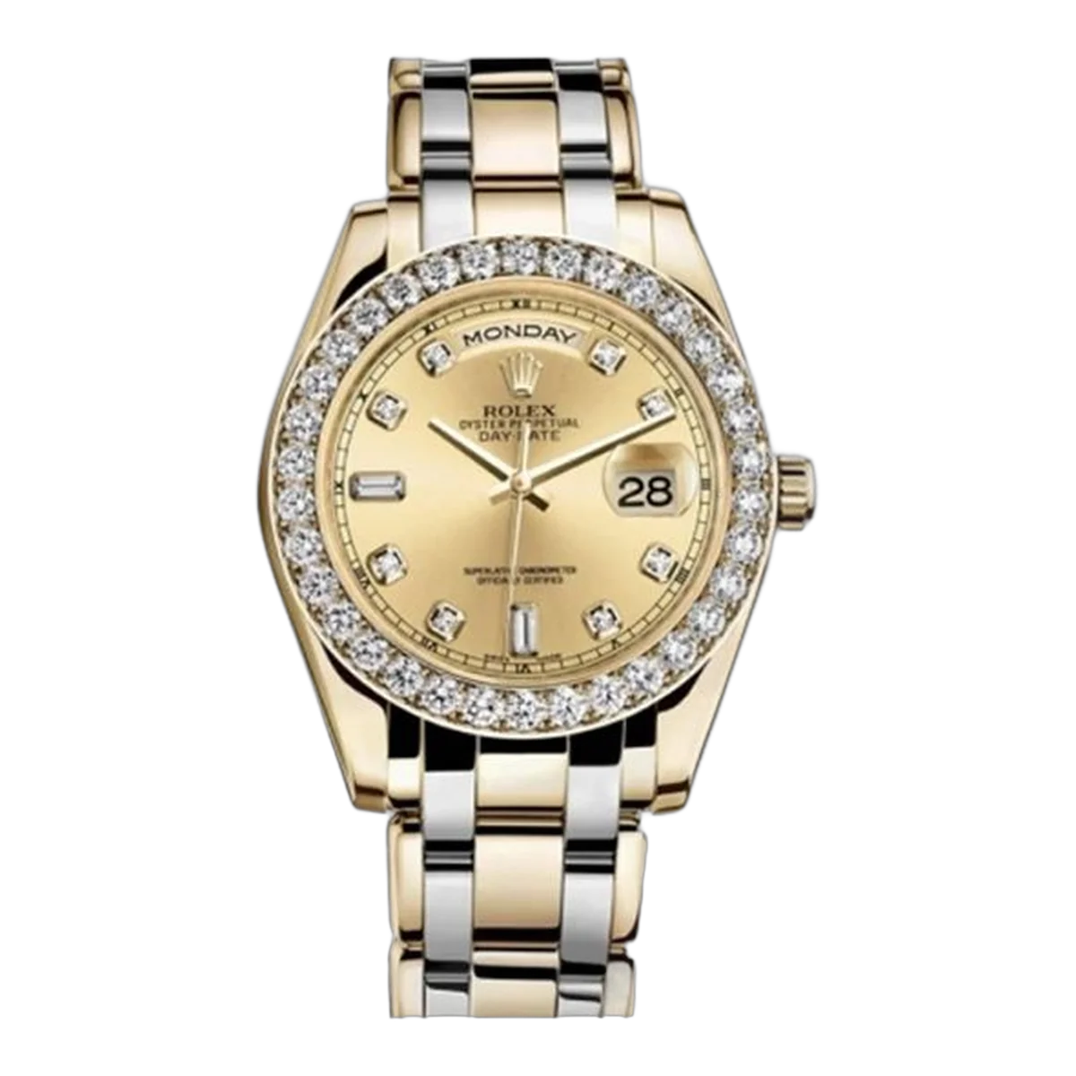 Rolex Day-Date 18948Tri Chd Champagne Dial Diamond-Set Bezel Special Edition Tridor Masterpiece 39Mm Ladies Watch