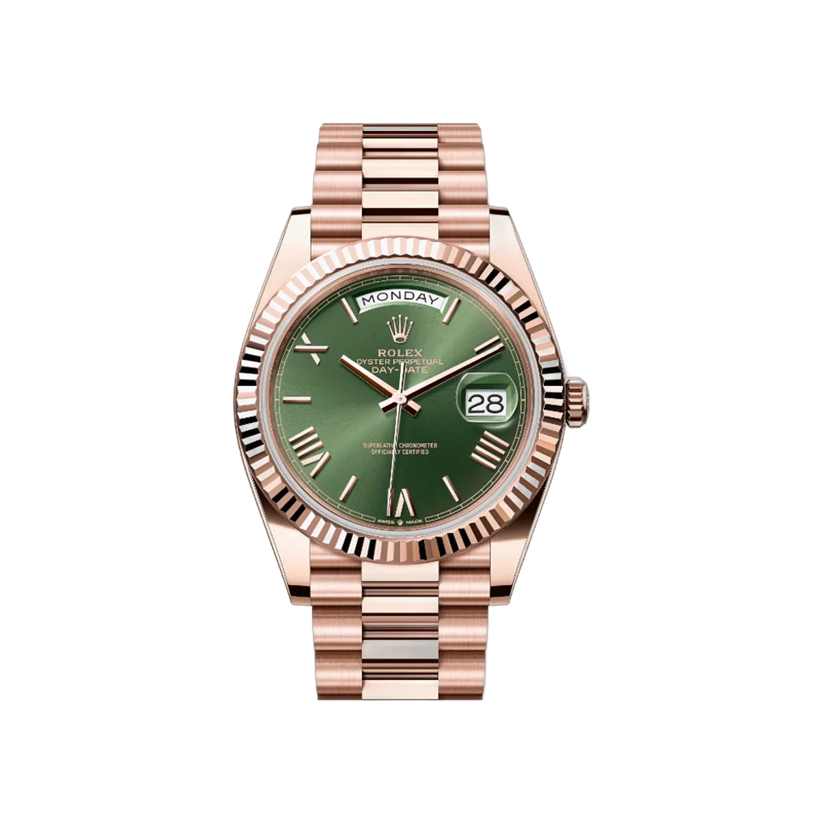 Rolex Day Date 228235 OGRP مينا أخضر زيتوني، أرقام رومانية مشطوفة، 40 مم، سوار جوبيليه من الذهب الوردي عيار 18 قيراطًا