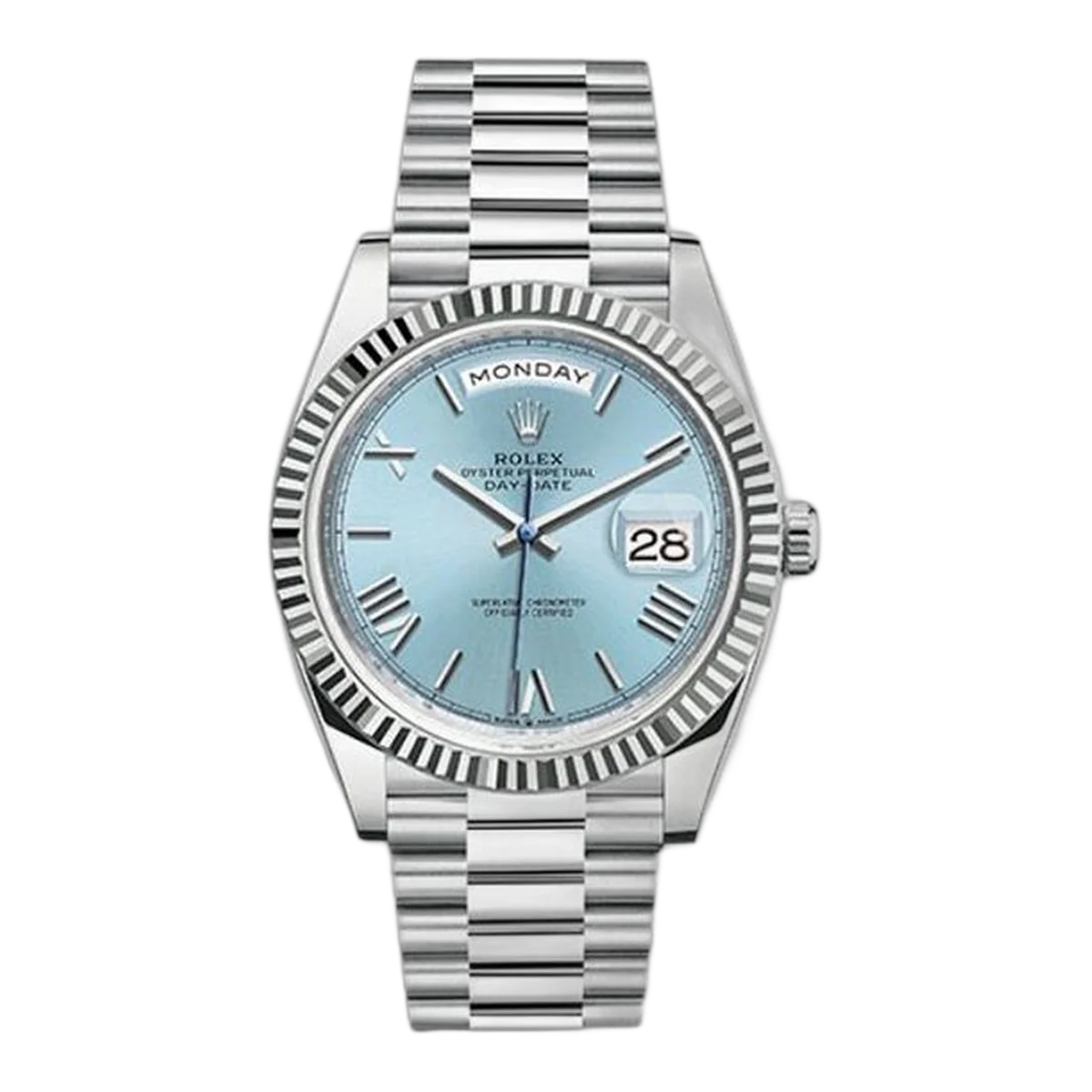 Rolex Day-Date 228236 IBRP Platinum Fluted Bezel 40mm Ice Blue Roman Dial President Bracelet Men's Watch