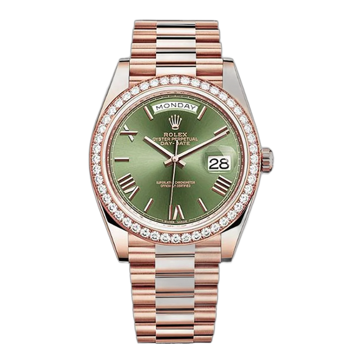 Rolex Day-Date 228345RBR OGRP 18K Everose Gold Diamond Bezel 40mm Olive Green Roman Dial Men's Watch