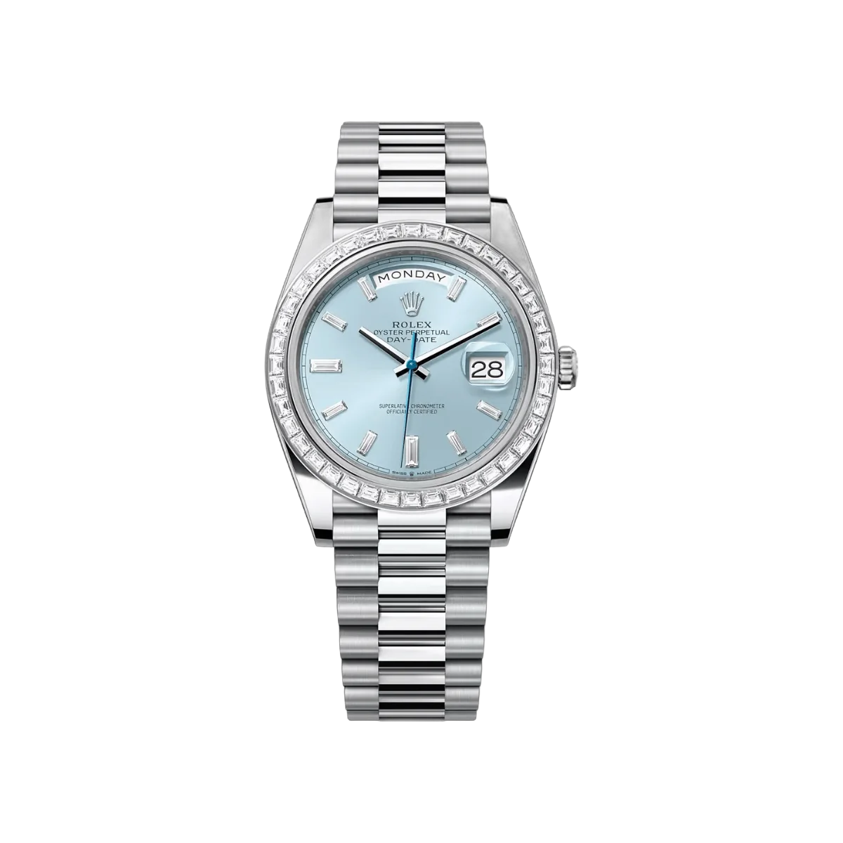Rolex Day-Date 228396TBR Automatik Platin Baguette-Lünette 40MM Eisblaues Zifferblatt Unisex-Uhr