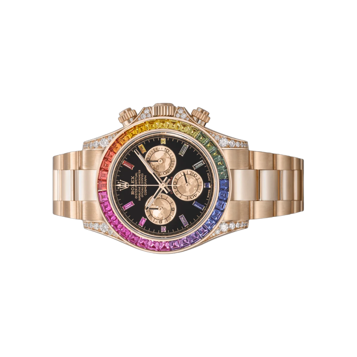 Rolex Daytona 116598RBOW Rainbow Gelbgold Saphir-Lünette Schwarzes Zifferblatt