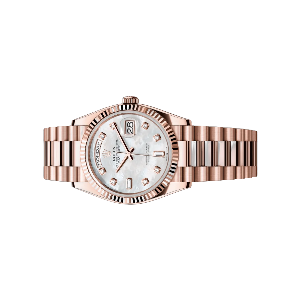 Rolex Oyster Perpetual Day Date M128235-0029 18ct Everose Gold Diamond Set MOP Dial