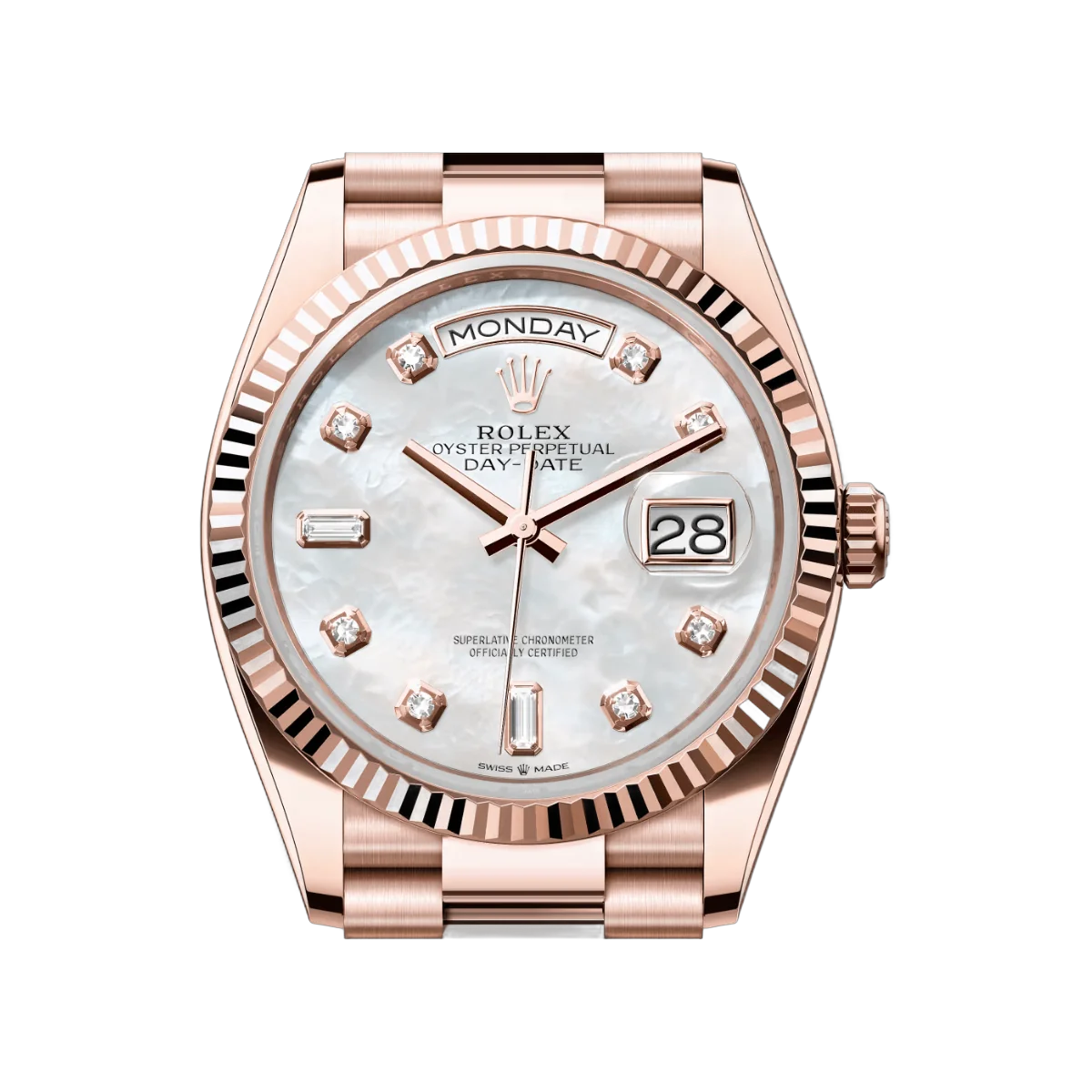 Rolex Oyster Perpetual Day Date M128235-0029 18ct Everose Gold Diamond Set MOP Dial