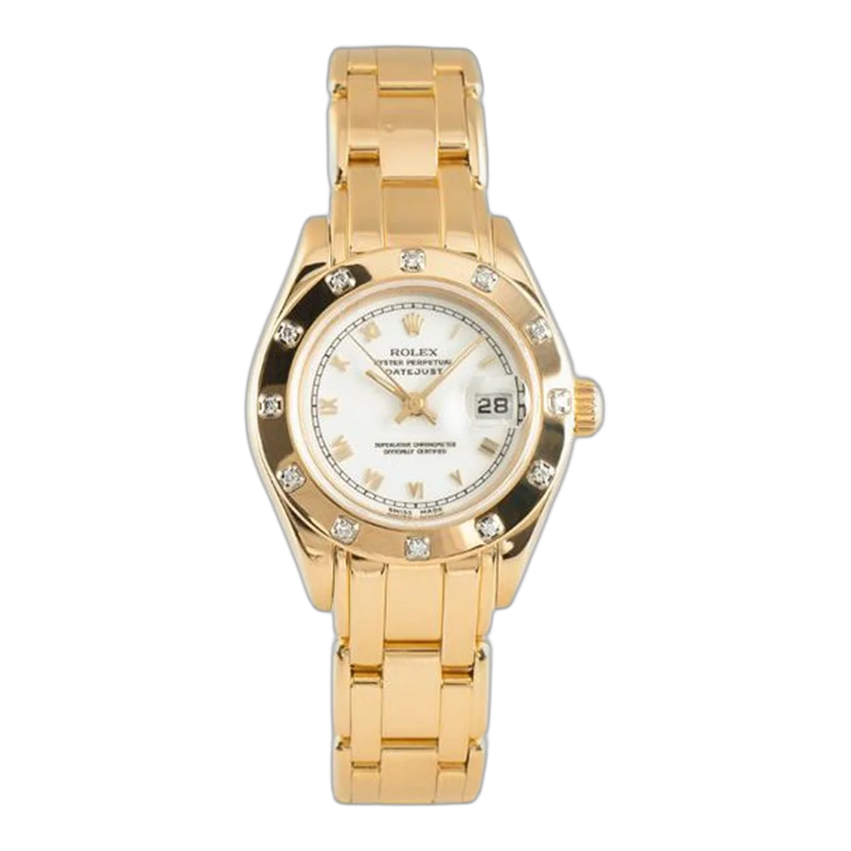 Rolex Pearlmaster 69318 Weißes römisches Zifferblatt 29 mm 18K Gelbgold Diamantlünette Damenuhr