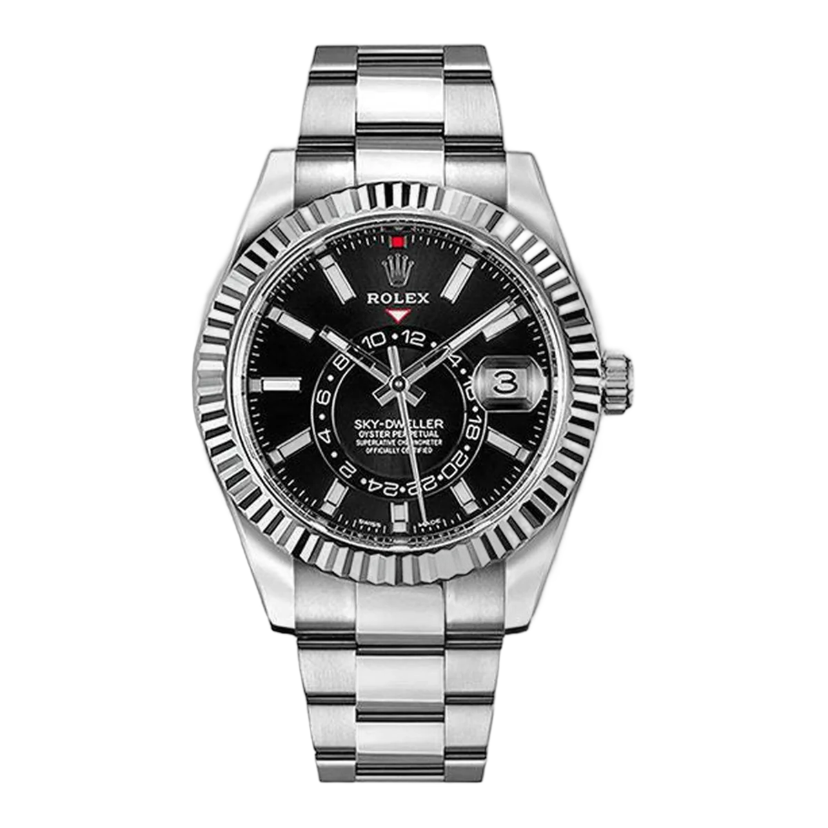 Rolex Sky Dweller 326934 Bk مينا مؤشرات أسود، إطار من الذهب الأبيض 42 ملم، سوار أويستر من الفولاذ المقاوم للصدأ
