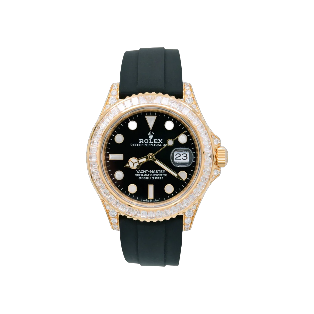 Rolex Yacht Master M226668TBR Gelbgold Baguette-Diamanten Lünette 42mm Schwarzes Zifferblatt Herrenuhr