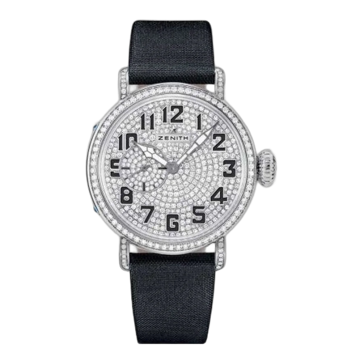 Zenith Pilot Montre D''Aeronef Type 20 White Gold With Diamond Bezel On Black Satin Strap Ref. 45.1931.681/79.C717