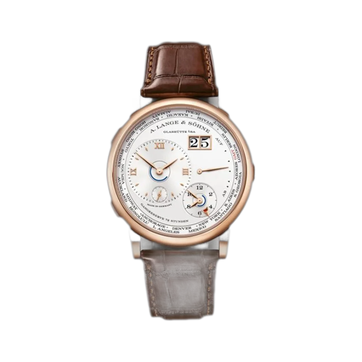 A. Lange &amp; Söhne Lange 1 Time Zone ساعة رجالية بقرص فضي وذهب وردي