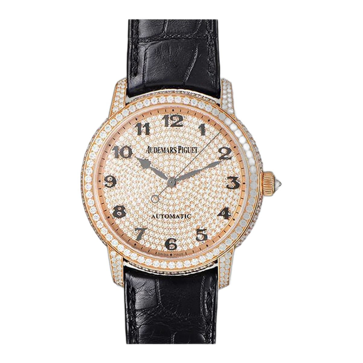 Audemars Piguet Jules Audemars 15159Or.Zz.D002Cr.01 Diamond Pave Dial 36Mm 18Kt Rose Gold Black Leather Straps Ladies Watch