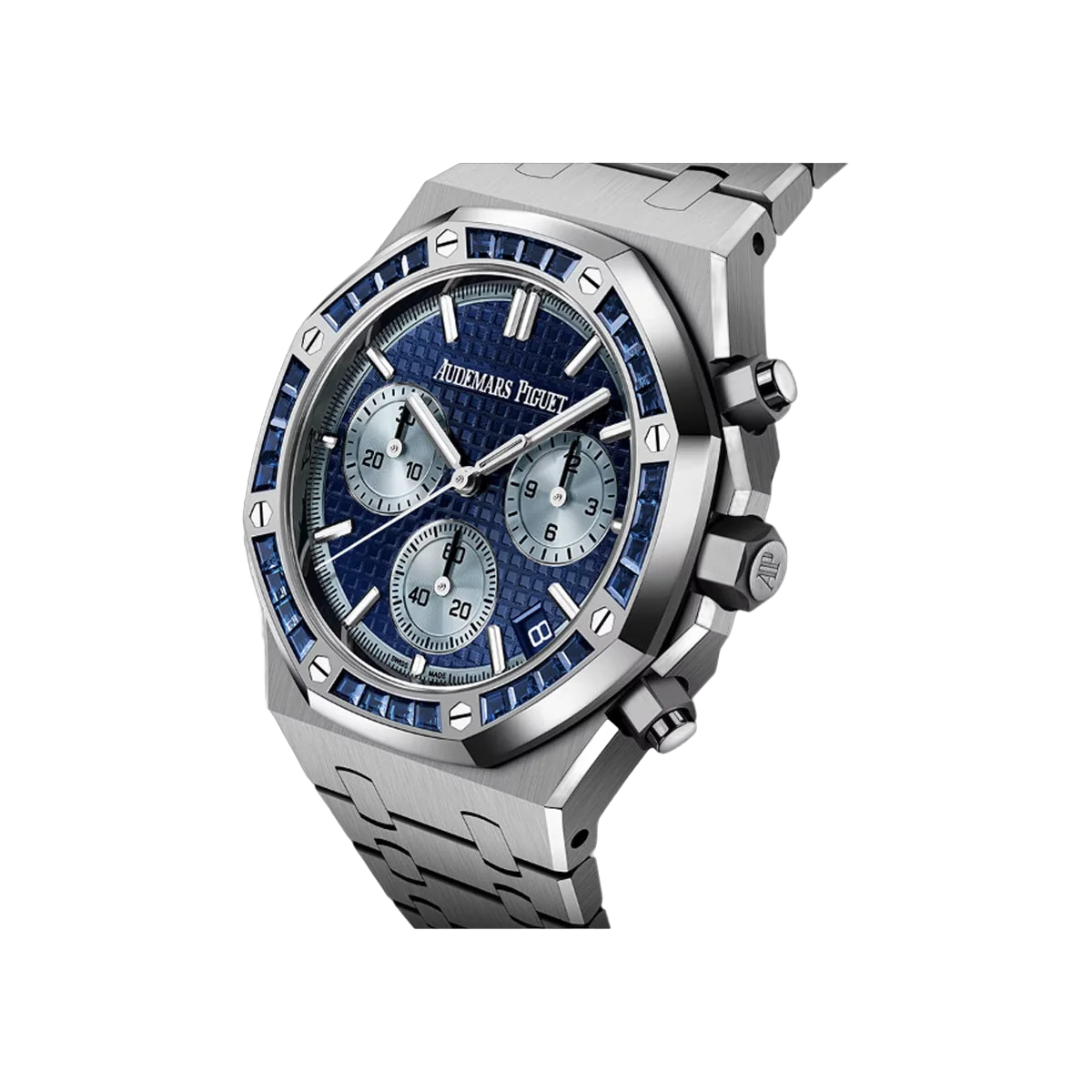 Audemars Piguet Royal Oak 26240BC.SS.1320BC.01 Herrenuhr aus Weißgold mit Saphir-Baguette-Lünette, 41 mm, blaues Zifferblatt