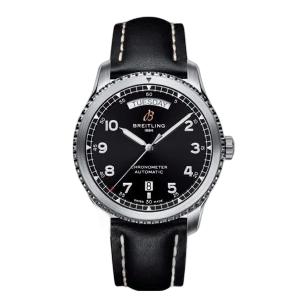 Breitling Aviator 8 A45330101B1X1 Black Dial Day Date Stainless Steel 41Mm Black Calfskin Leather Strap Men's Watch