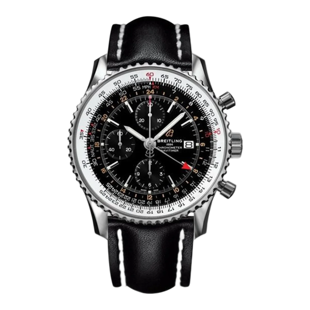 Breitling Navitimer 1 A24322121B2X2 Black Dial Chronograph Gmt 46Mm Stainless Steel Black Leather Straps Men's Watch