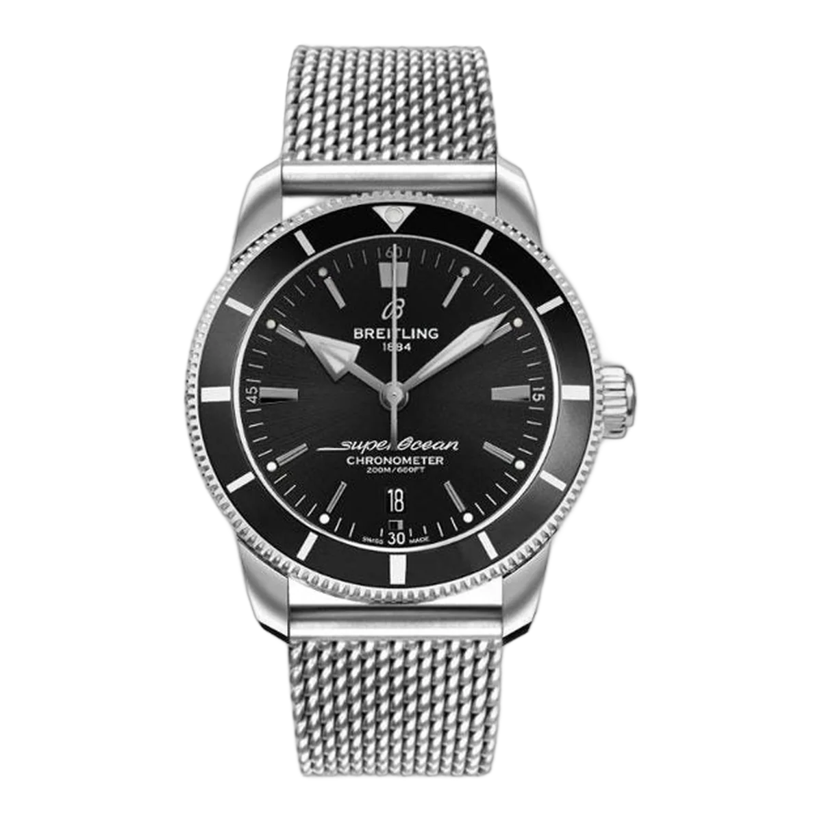 Breitling Superocean Heritage Ii Ab2030121B1A1 Black Index Dial 44Mm Stainless Steel Mesh Bracelet Men's Watch