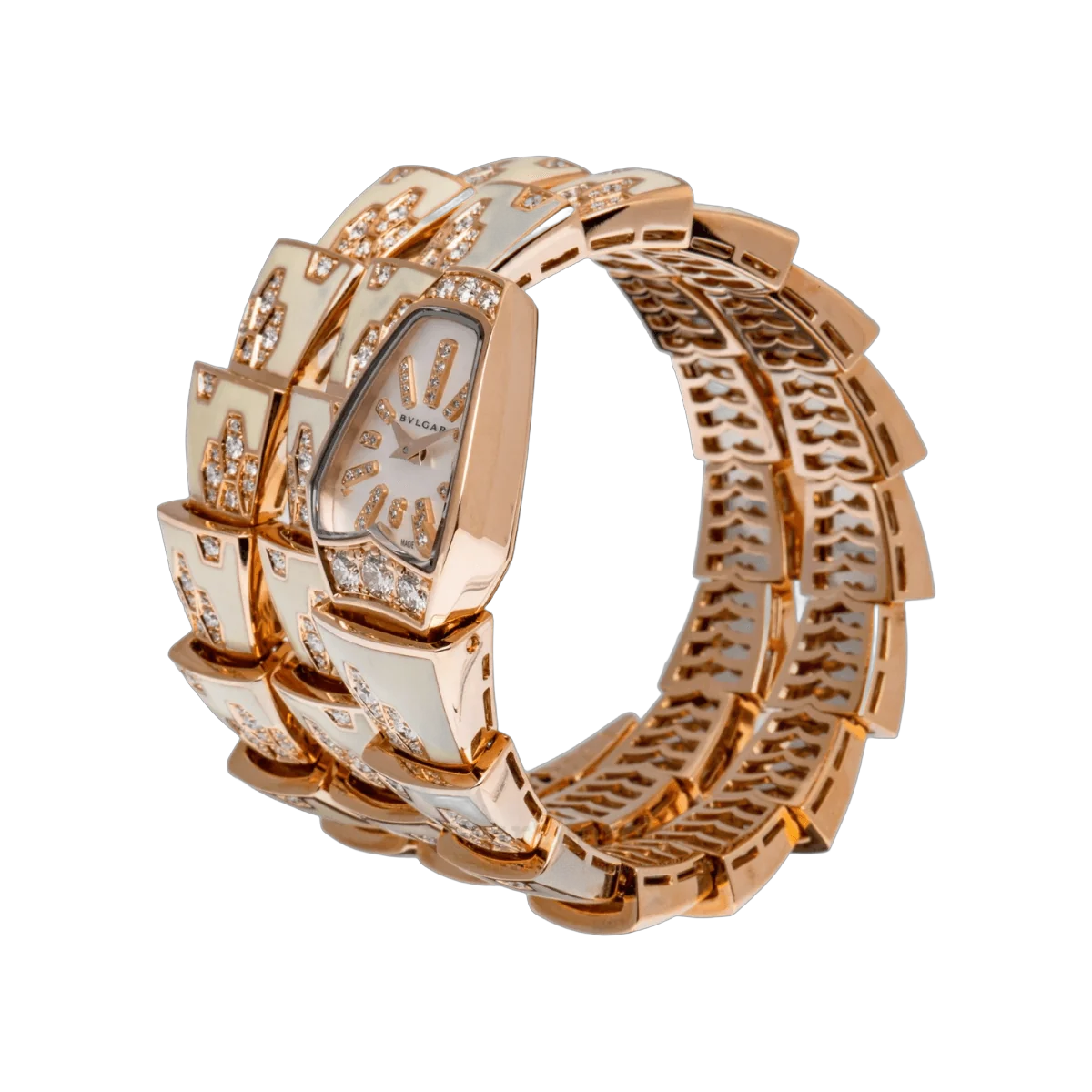 Bvlgari Serpenti 101985 Rose Gold Enamel Double Twirl Scagllie Bracelet MOP Dial