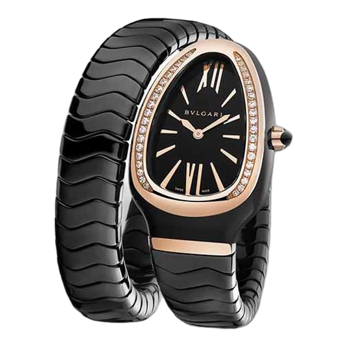 Bvlgari Serpenti Spiga 102532 Spc35Bgdbcgd1.1T Black Index Dial Diamond Set Bezel 35Mm 18K Pink Gold & Black Ceramic Ladies Watch
