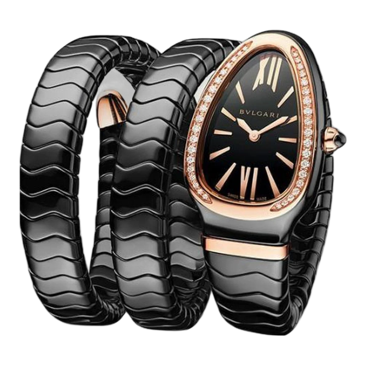 Bvlgari Serpenti Spiga 35Mm Black Ceramic Rose Gold Diamond Bezel