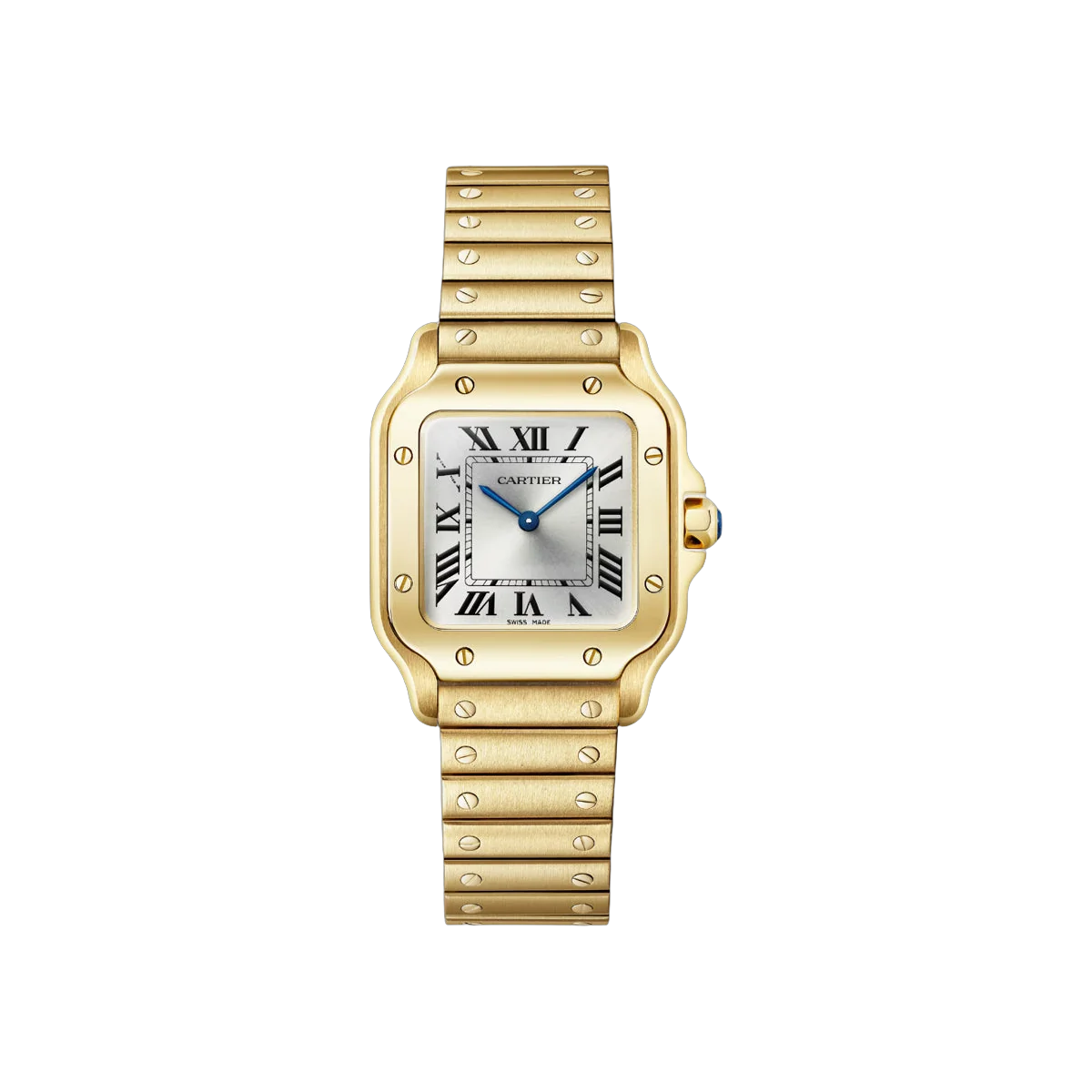 Cartier Santos De Cartier WGSA0107 Small Yellow Gold 34.5mm x 27mm Silver Sunray Dial Ladies Watch
