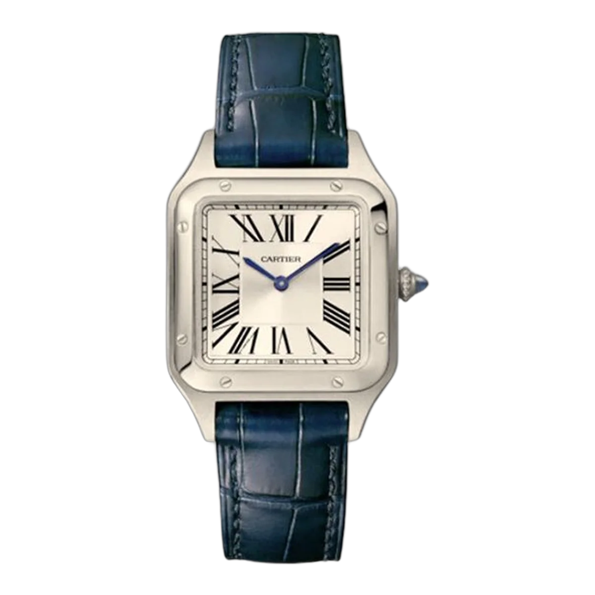 Cartier Santos Dumont Wssa0023 Silver Roman Dial 27.5Mm Stainless Steel Blue Leather Straps Ladies Watch