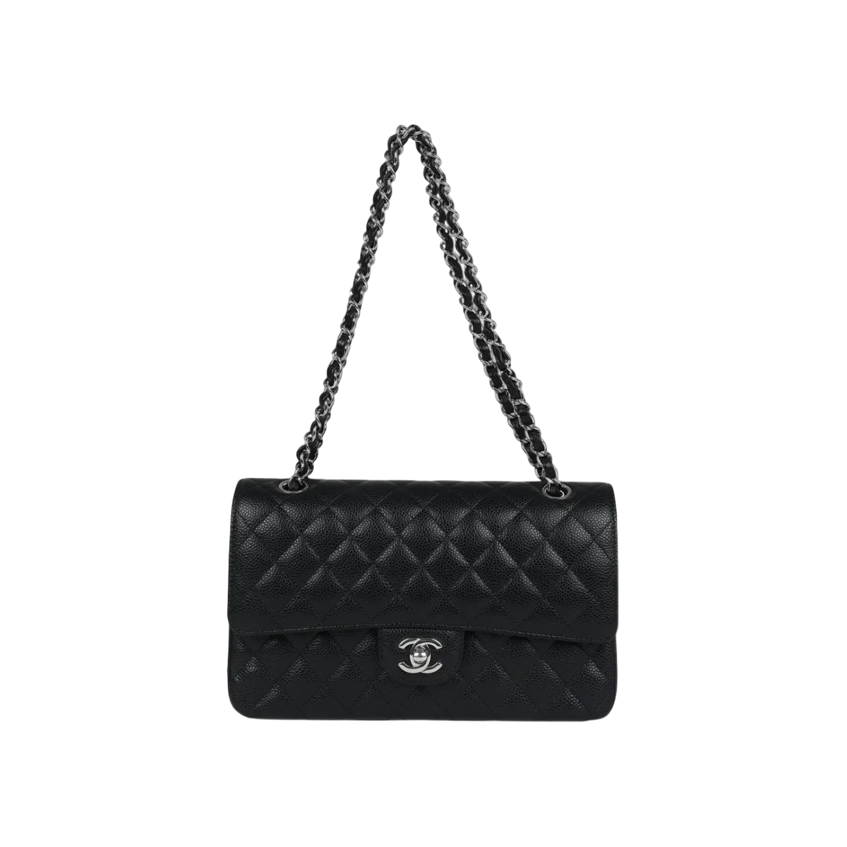 Chanel Classic Black Caviar Gesteppte Medium Double Flap Silber HW Handtasche