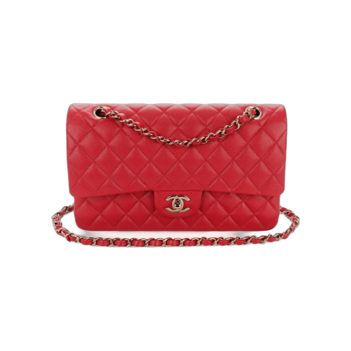 Chanel Classic Red Caviar Quilted Medium Double Flap Gold HW Handbag