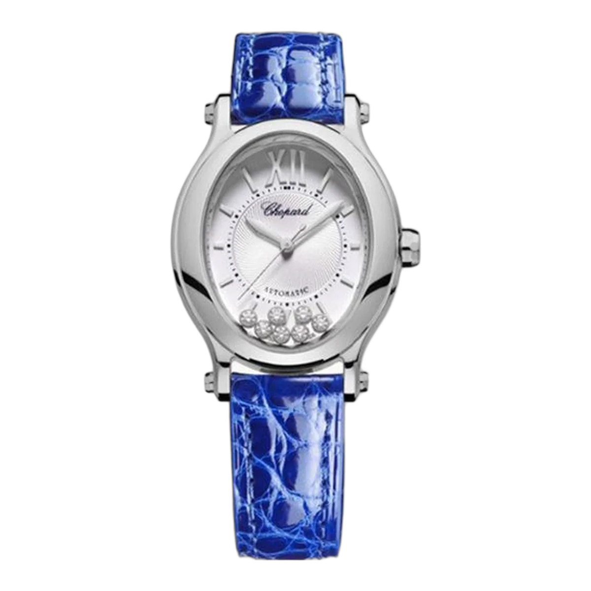 Chopard Happy Sport Oval Watch 33.60 X 30.75Mm Steel Case Silver Dial Blue Strap Ref. 278602-3001