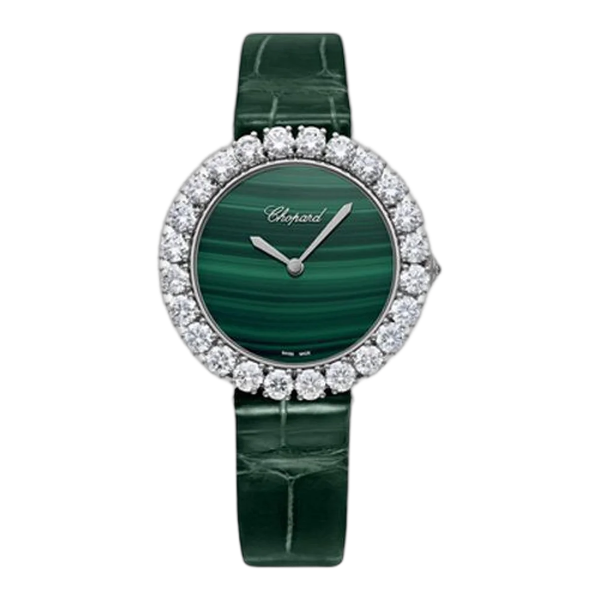 萧邦 L'Heure Du Diamant 35.75 毫米白金钻石孔雀石表盘女士腕表型号。 13A419-1001