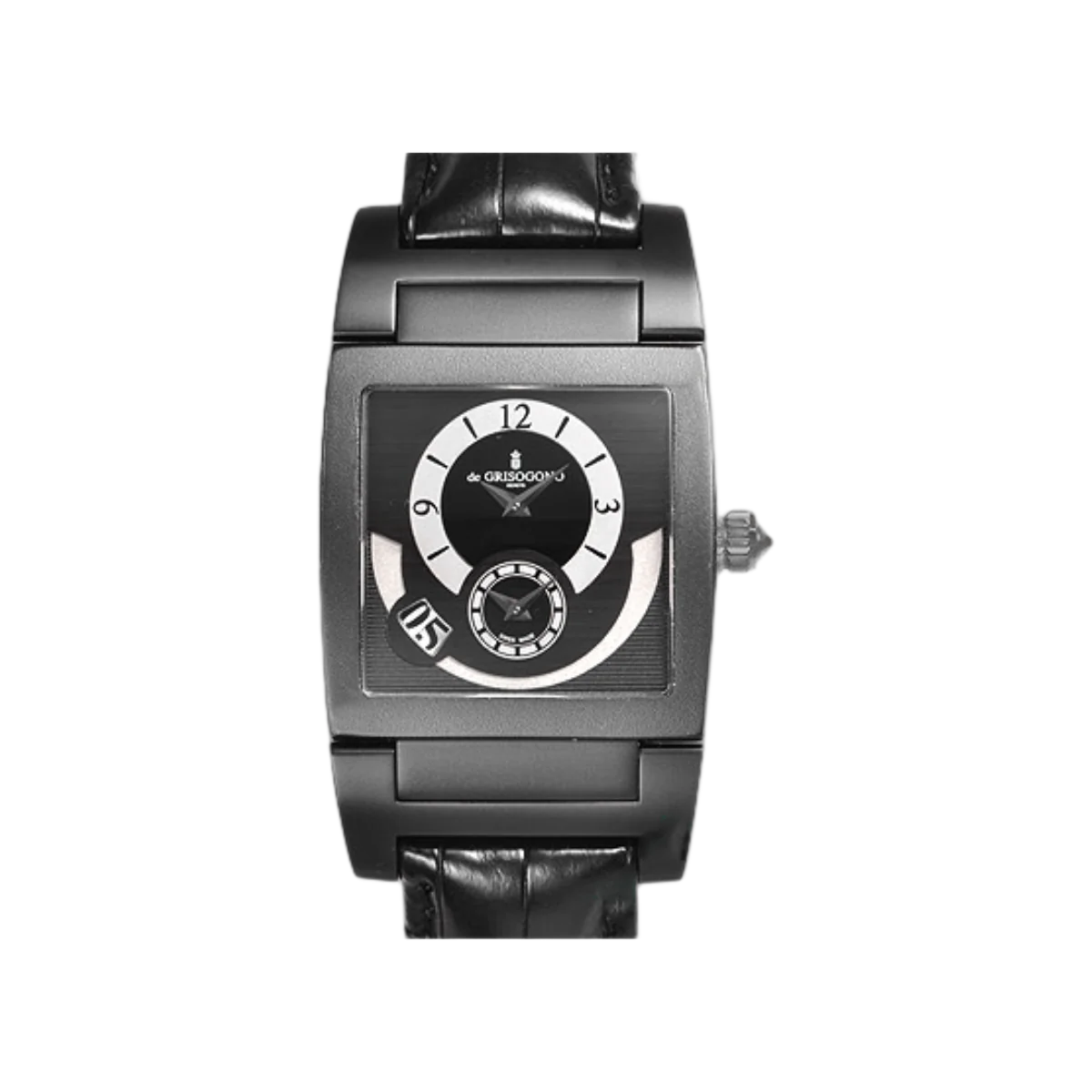 De Grisogono Dual Time UNO DF N20 Automatik PVD Edelstahl Schwarzes Alligatorlederarmband Schwarzes Zifferblatt