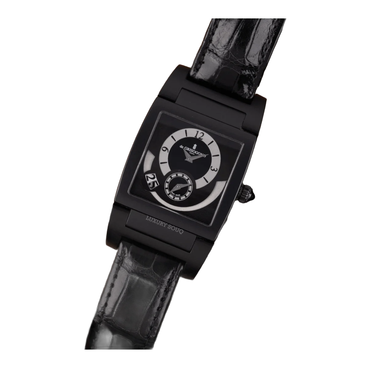 De Grisogono Dual Time UNO DF N20 Automatik PVD Edelstahl Schwarzes Alligatorlederarmband Schwarzes Zifferblatt