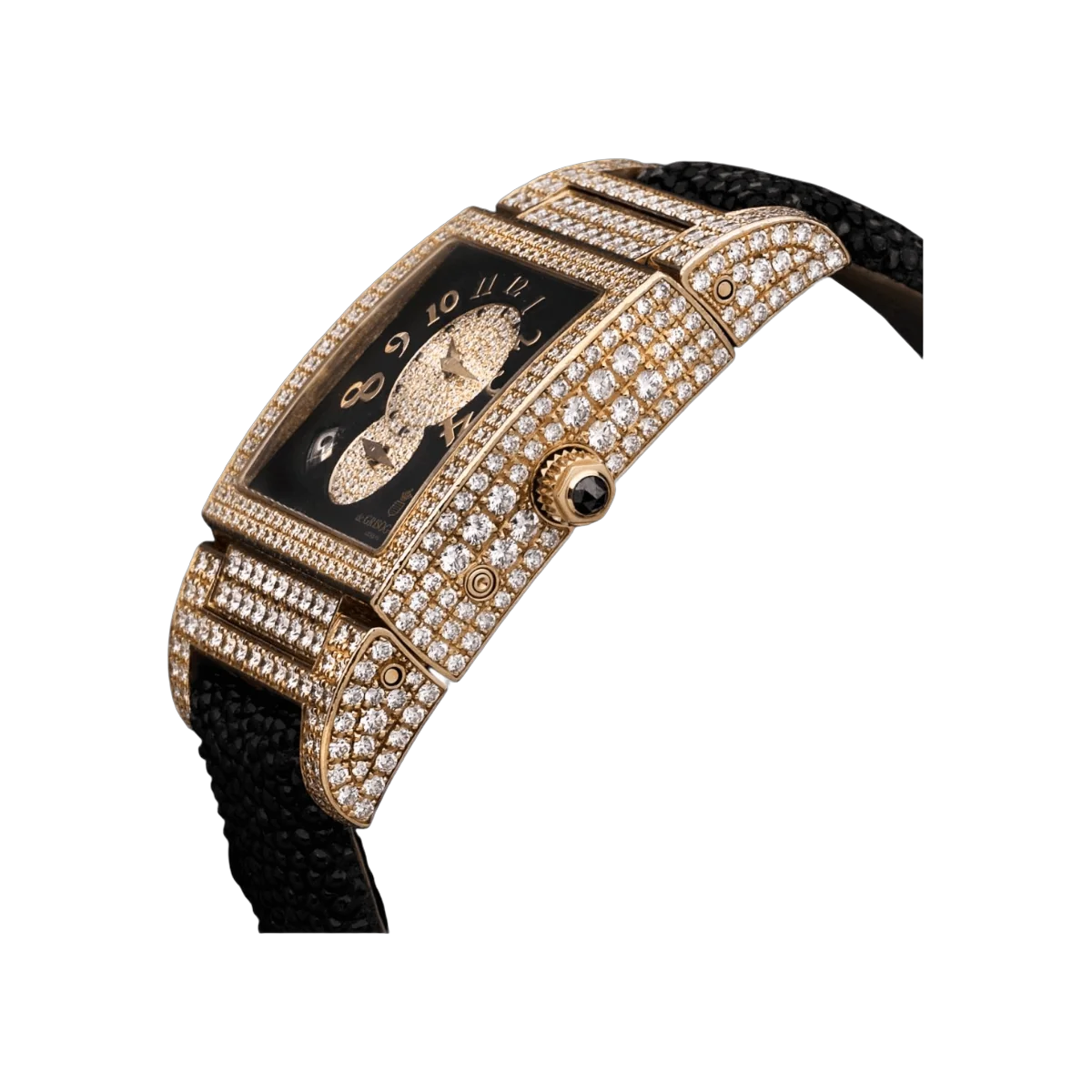De Grisogono Instrumento UNO DF 6064 Automatic Rose Gold Diamond Bezel Galuchat Strap Black Diamond Dial