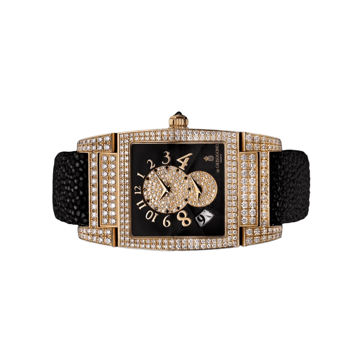 De Grisogono Instrumento UNO DF 6064 Automatic Rose Gold Diamond Bezel Galuchat Strap Black Diamond Dial