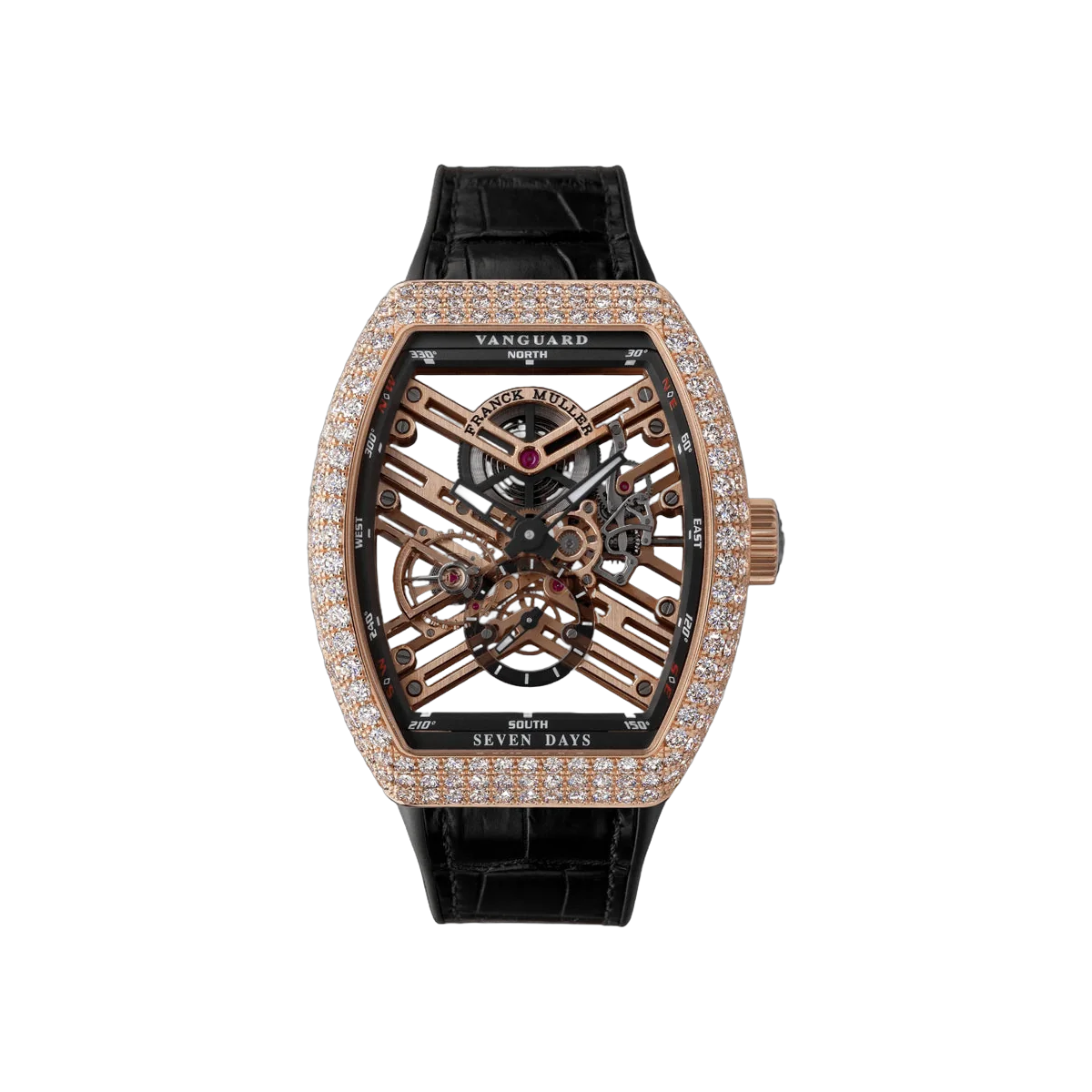 Franck Muller Vanguard Skeleton Seven Days V 41 S6 SQT D 5N NR 5N Power Reserve 玫瑰金镶钻表圈 41 毫米镂空表盘中性手表