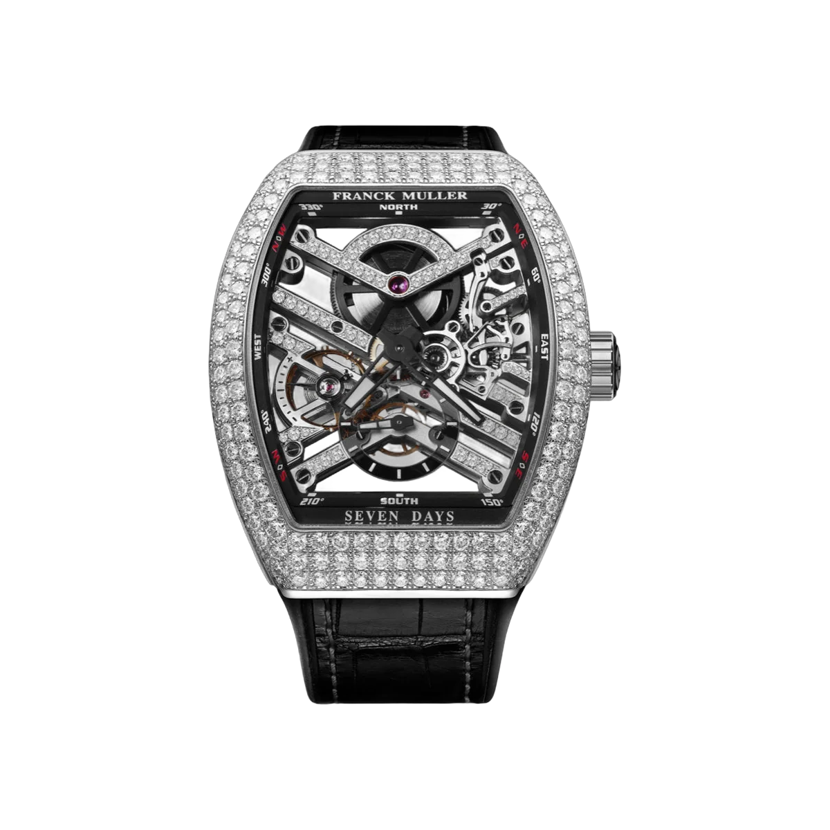 Franck Muller Vanguard Skeleton Seven Days V 41 S6 SQT D MVT D OG NR ساعة للجنسين بهيكل عظمي مرصعة بالماس من الذهب الأبيض عيار 41 ملم