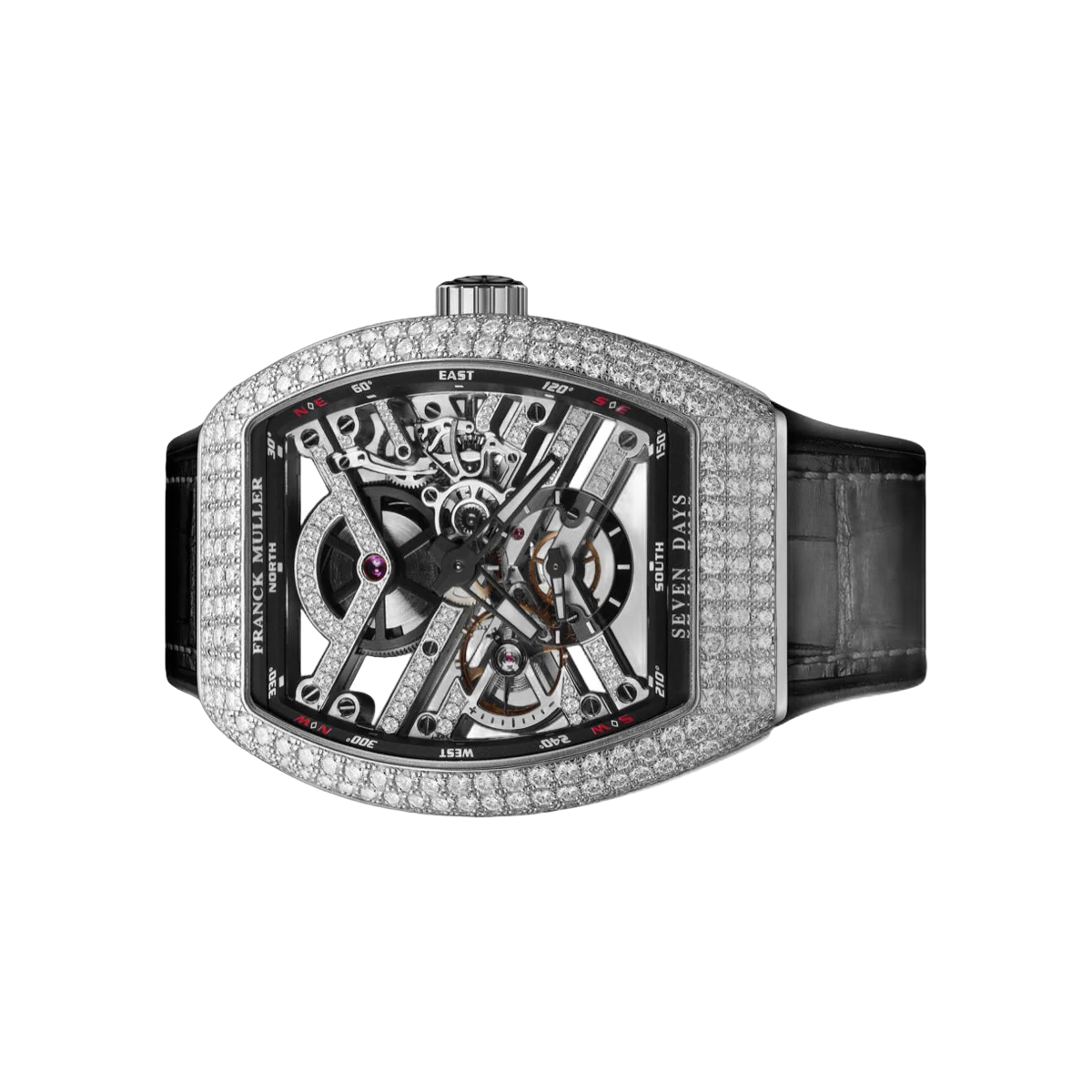 Franck Muller Vanguard Skeleton Seven Days V 41 S6 SQT D MVT D OG NR ساعة للجنسين بهيكل عظمي مرصعة بالماس من الذهب الأبيض عيار 41 ملم