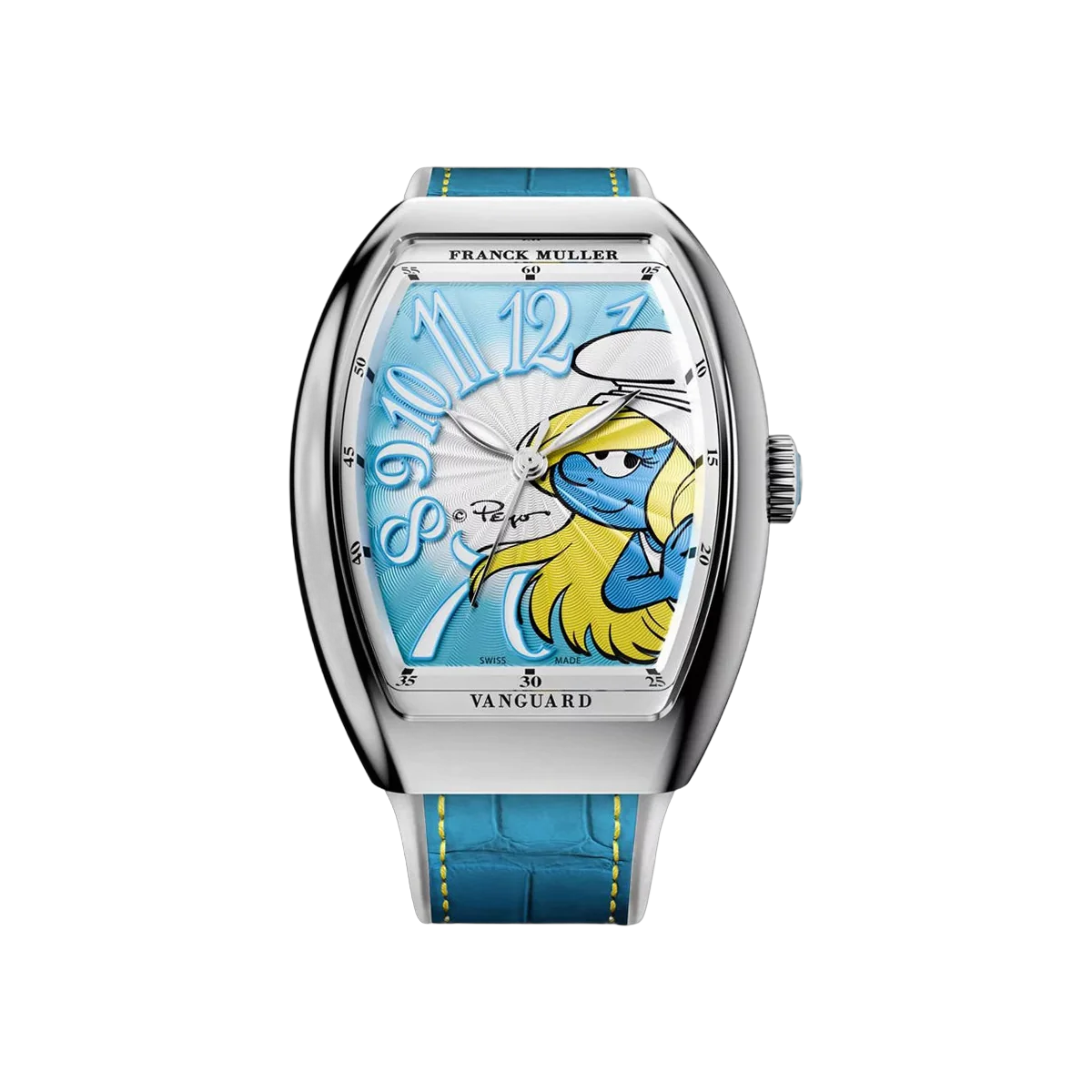 Franck Muller Vanguard V 32 SC AT FO AC BL Smurfette Limited Edition Edelstahl 32mm Künstlerisches Blau Zifferblatt Damenuhr