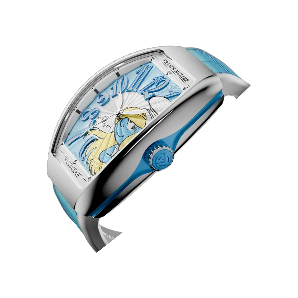 Franck Muller Vanguard V 32 SC AT FO AC BL Smurfette Limited Edition Edelstahl 32mm Künstlerisches Blau Zifferblatt Damenuhr