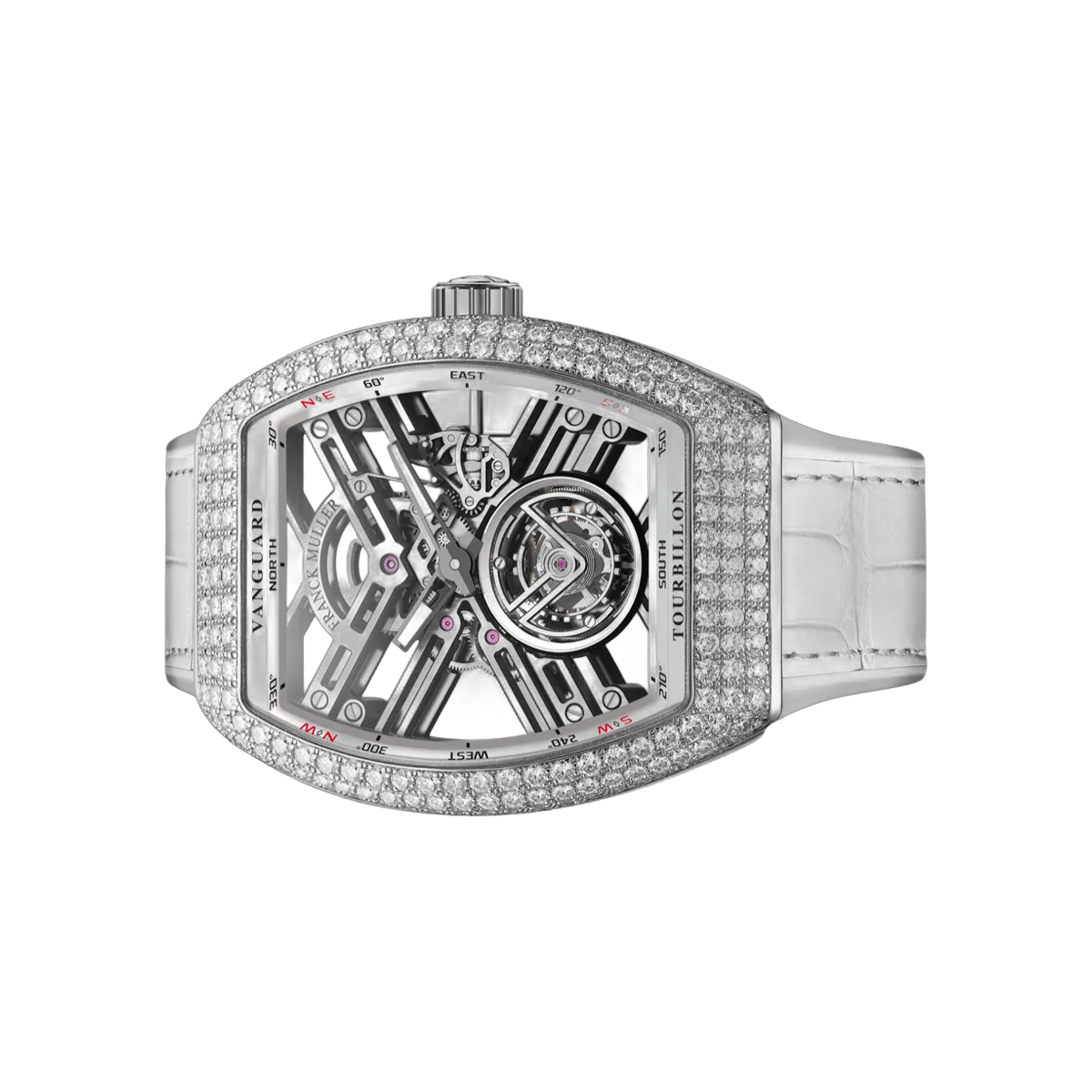 Franck Muller Vanguard V 45 T SQT D OG BC WG Tourbillon Herrenuhr aus Weißgold mit Diamantlünette, 45 mm, Skelettzifferblatt