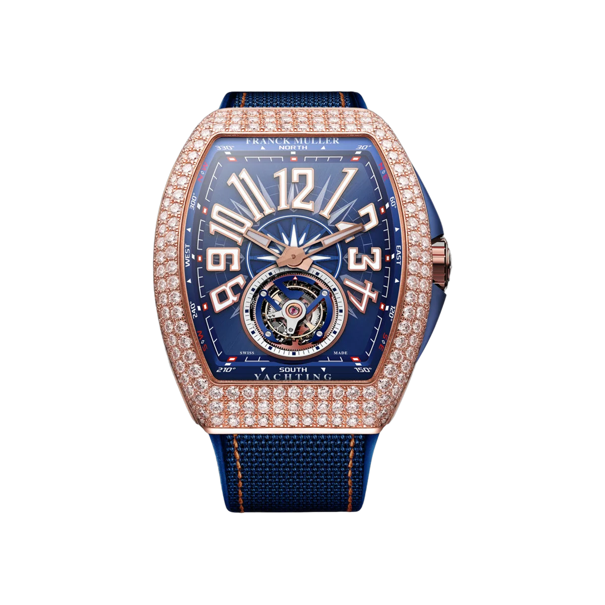 Franck Muller Vanguard Yachting V 45 T YACHT D 5N BL 5N Tourbillon Roségold 45mm Diamanten Lünette Blaues Zifferblatt Herrenuhr