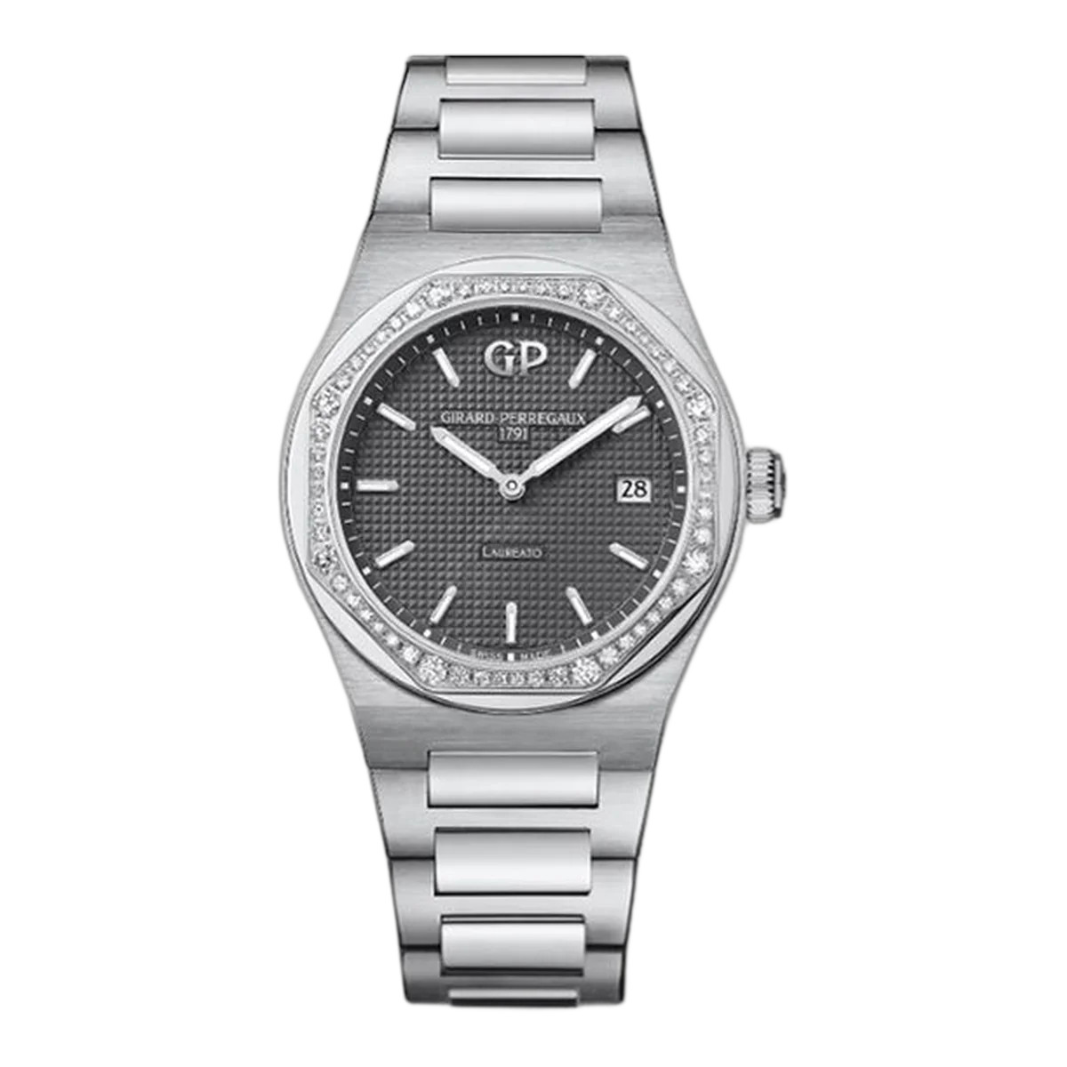 Girard Perregaux Laureato 80189D11A231-11A بإطار مرصّع بالألماس، لون رمادي أردوازي، 34 مم