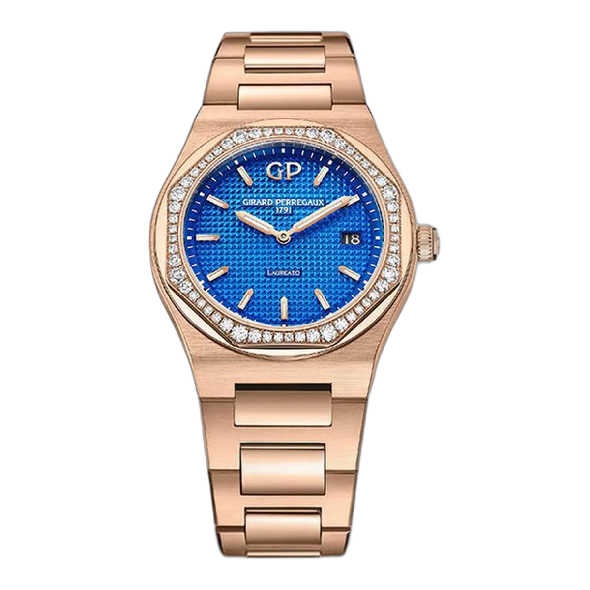 Girard Perregaux Laureato 80189D52A434-52A Damenuhr mit blauen Indizes und Diamantlünette, 34 mm, 18 Karat Roségold 80189D52A434-52A