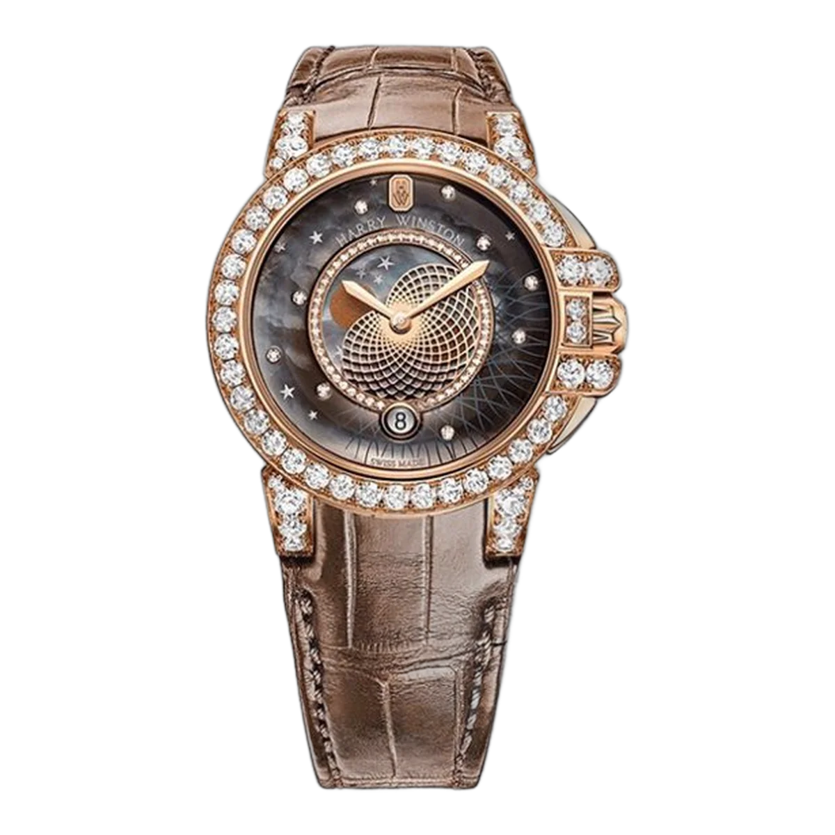 Harry Winston gebrauchte Ocean Lady braunes Lederarmband Roségold Damenuhr