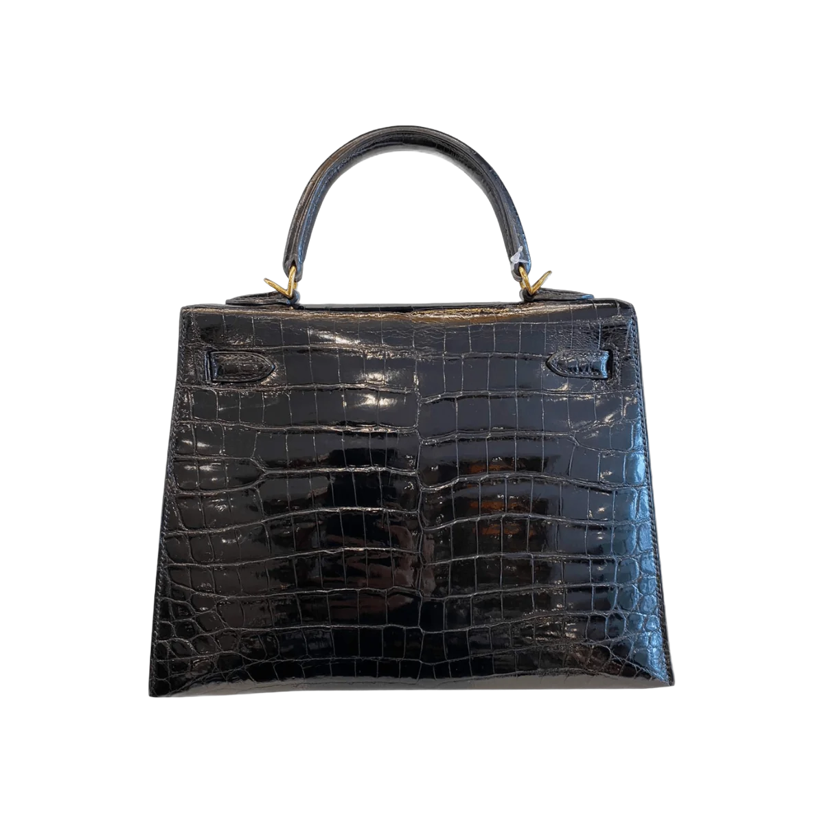 Hermes Kelly 25 Schwarze Glänzende Krokodil Gold HW Handtasche
