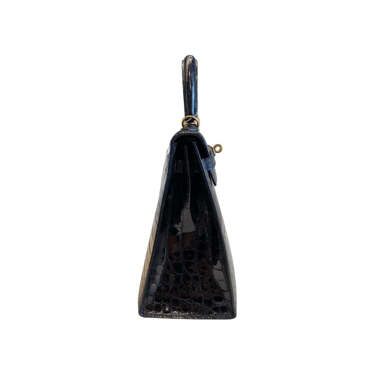 Hermes Kelly 25 Schwarze Glänzende Krokodil Gold HW Handtasche