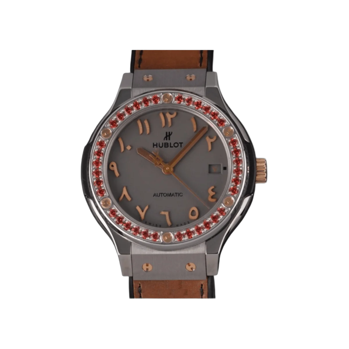 Hublot Hublot Classic Fusion 565.NX.5710.VR.1208.SDQ15 ساعة كلاسيك فيوجن دبي فيجن III نسائية 38 ملم بإطار من الذهب الوردي والياقوت