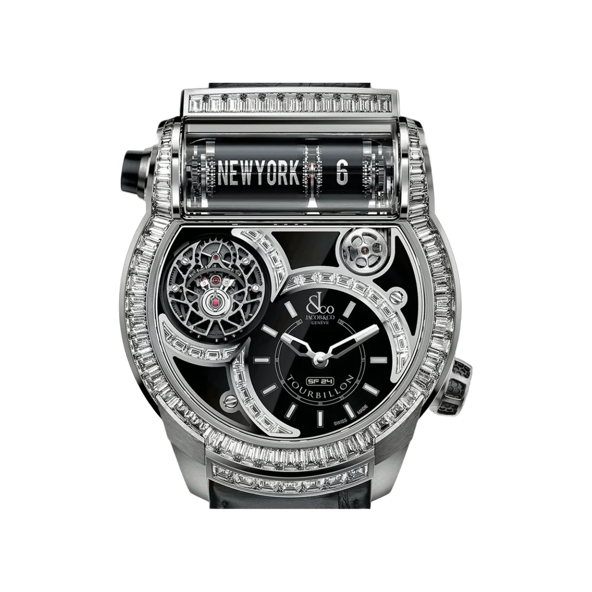 Jacob & Co. Epic SF24 Tourbillon Baguette ES802.30.BD.BD.A Weißgold 2 Zeitzonen 45mm Schwarzes Zifferblatt Herrenuhr