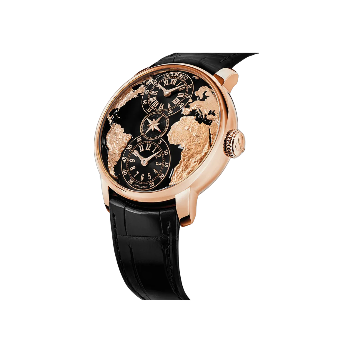 Jacob & Co. The World Is Yours Dual Time Zone DT100.40.AA.AB.A Rose Gold 43mm Black Dial Men's Watch