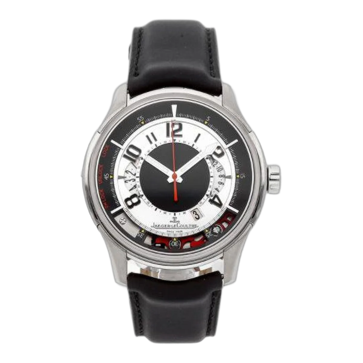 Jaeger Lecoultre Amvox2 Black And Silver Dial Stainless Steel Black Leather Automatic Men's Watch