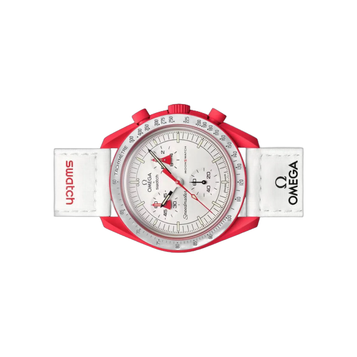 Omega X Swatch Mission To Mars So33R100 Moonswatch Red Bioceramic 42Mm White Straps Unisex Watch