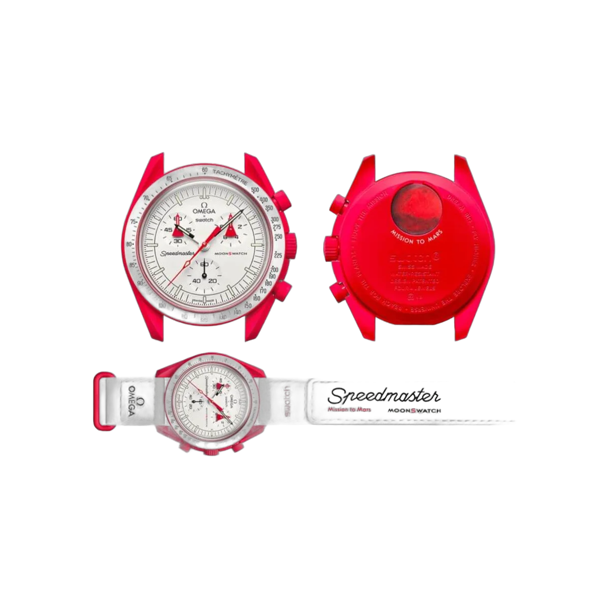 Omega X Swatch Mission To Mars So33R100 Moonswatch Red Bioceramic 42Mm White Straps Unisex Watch