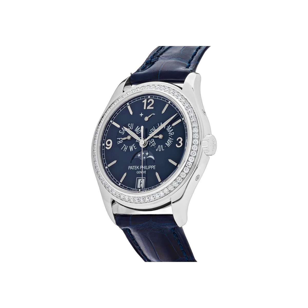 Patek Philippe Complications 5147G-001 Diamond Bezel Annual Calendar Moon Phases 39mm Blue Dial Men's Watch
